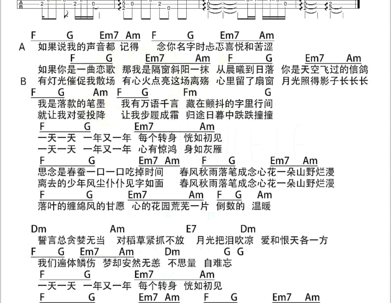 《爱你爱在心坎里》吉他谱_余天